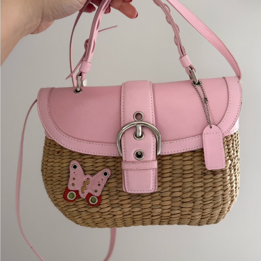 Pink & Woven Shoulder Bag with Buckle & Butterfly Detail